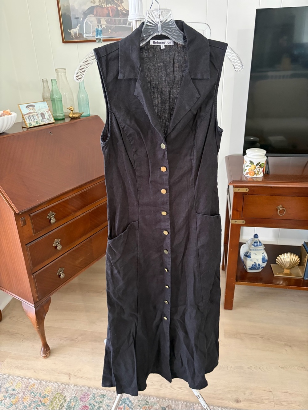 Reformation Black Sleeveless Button-Front Midi Dress